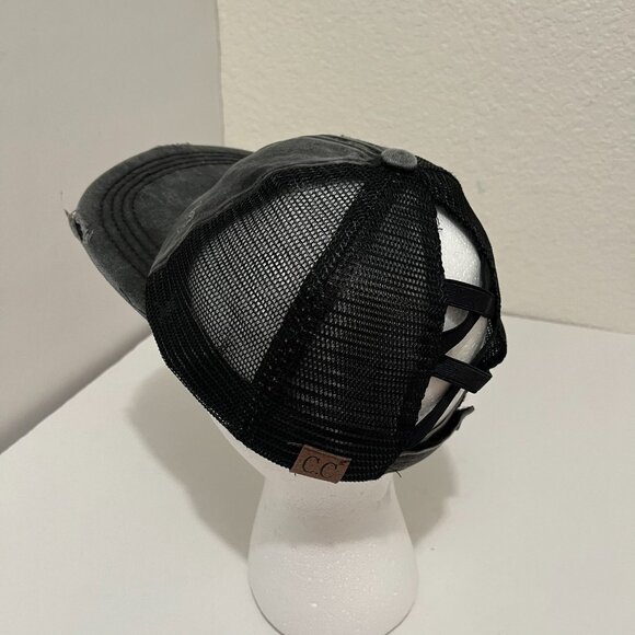 CC Exclusives Ponytail Hat Womens Baseball Cap Black Distressed Strapback Mesh - Picture 6 of 10